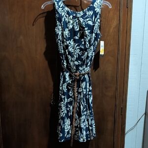 AB Studio Navy Floral Midi Dress with Braided Belt